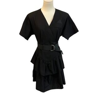 Vintage Anne Scott Black Wrap Dress Belted V Neck Ruffle Skirt Medium